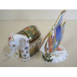 Two Royal Crown Derby paperweights, Infant Indian elephant and Pacific Angel fish, both good, no