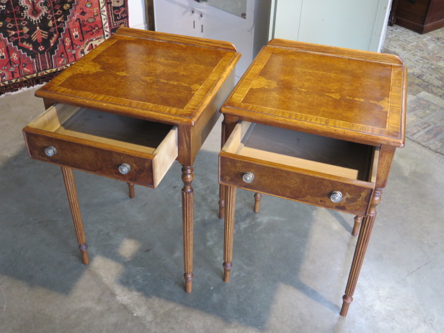 A pair of burr oak lamp tables with a single drawer on turned reeded legs, 76cm H x 50cm x 49cm - - Image 2 of 4