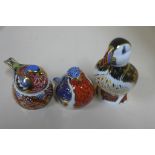 Three Royal Crown Derby paperweights - Chaffinch Nesting, Robin - both boxed, and Puffin - all good