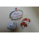 Three Royal Crown Derby paperweights - Puppy and Crown name stand, both boxed and Poppy Mouse un-