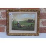 An oil on panel of a farm girl with sheep, unsigned, in a gilt frame, 27x33cm