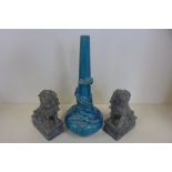 A pair of soap stone dogs of Fo, 19cm tall, and a blue glaze dragon vase, 35cm tall, minor chips