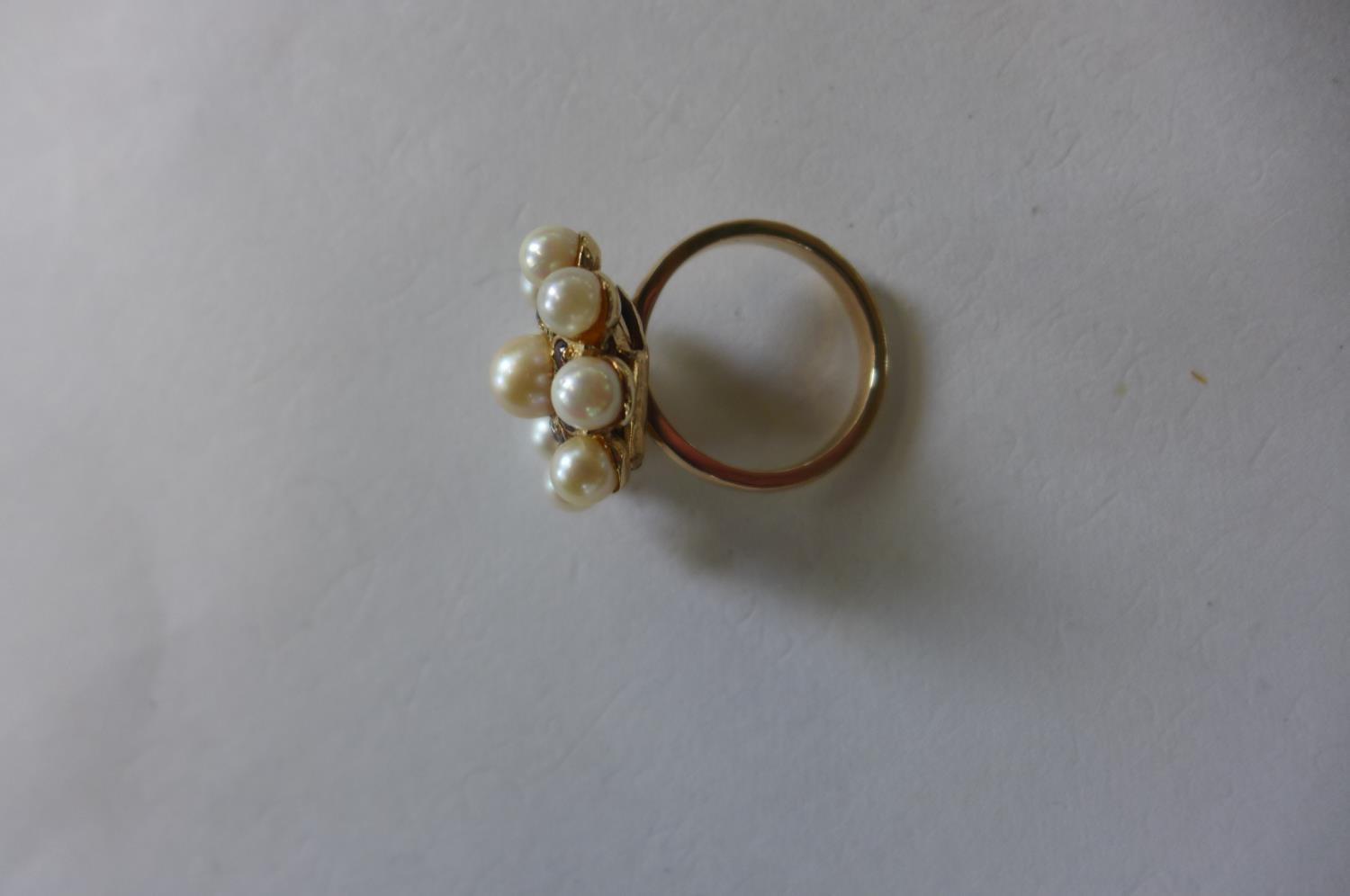 A 9ct gold pearl and garnet ring converted from a clasp, head is 2cm diameter, ring size O, approx - Image 3 of 3