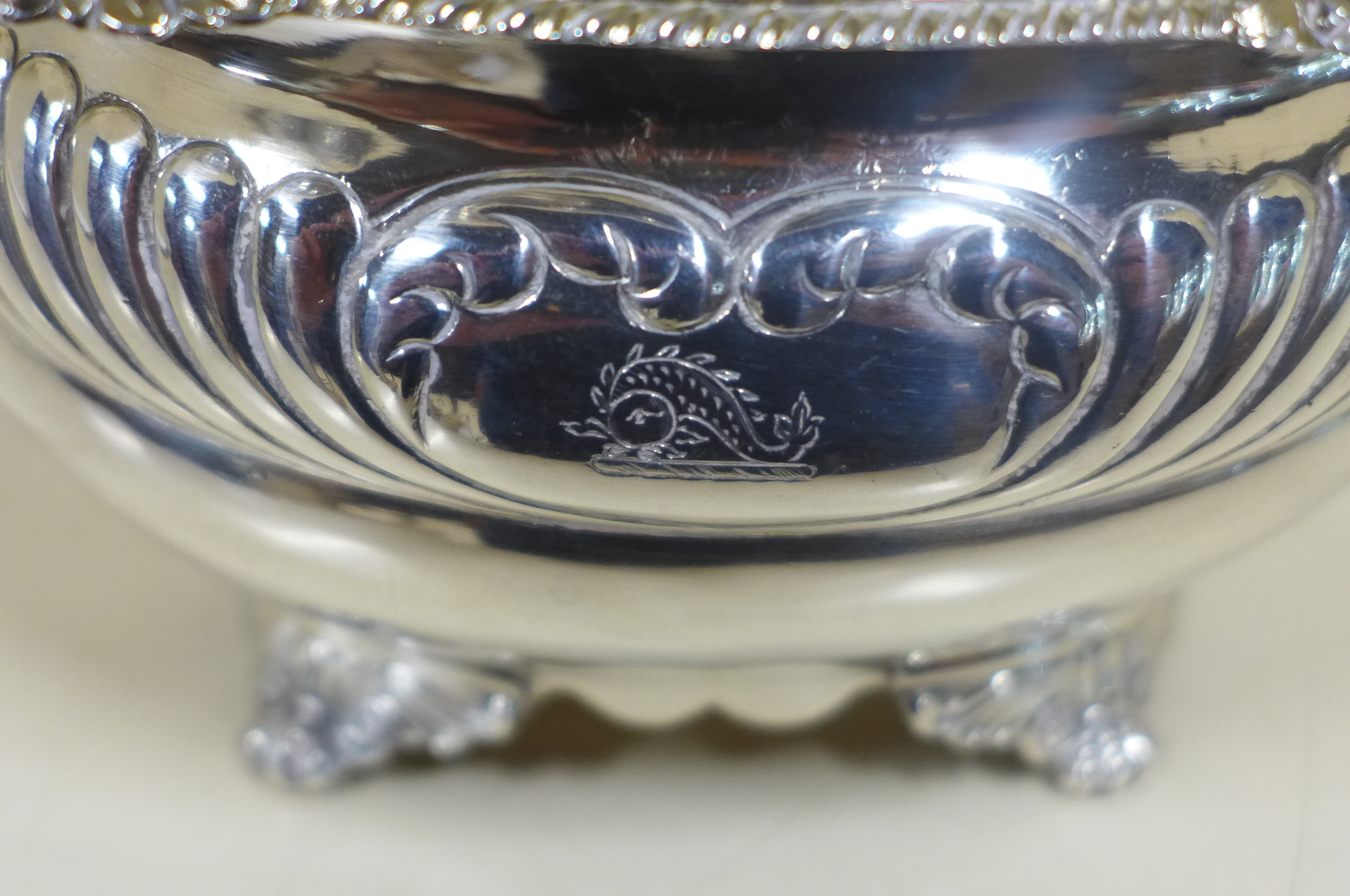 A Georgian silver twin handled bowl, London maker, RP - approx 11.4 troy oz, with engraving, - Image 3 of 4