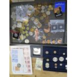 A collection of assorted World coinage, including Buffalo Nickels and some proof coins