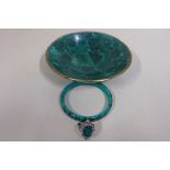 A Malachite dish 15cm wide a Malachite bangle and a Malachite white metal ring by Karis