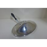 A Georgian silver single handle serving dish with warming base, 27cm wide, 33cm including handle,