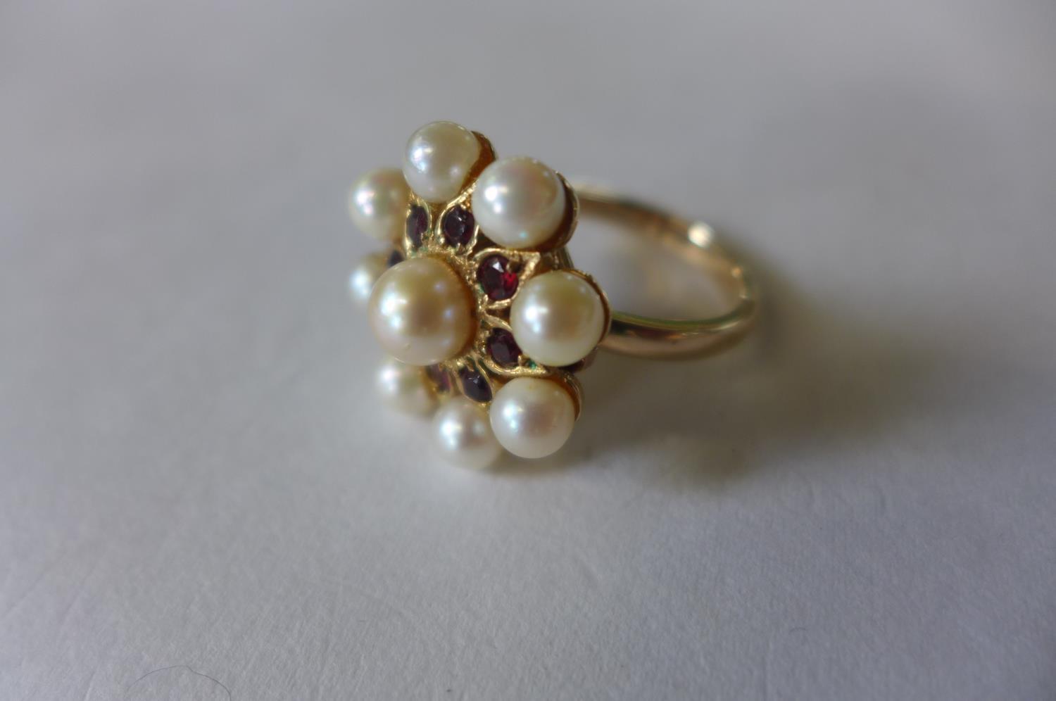 A 9ct gold pearl and garnet ring converted from a clasp, head is 2cm diameter, ring size O, approx - Image 2 of 3