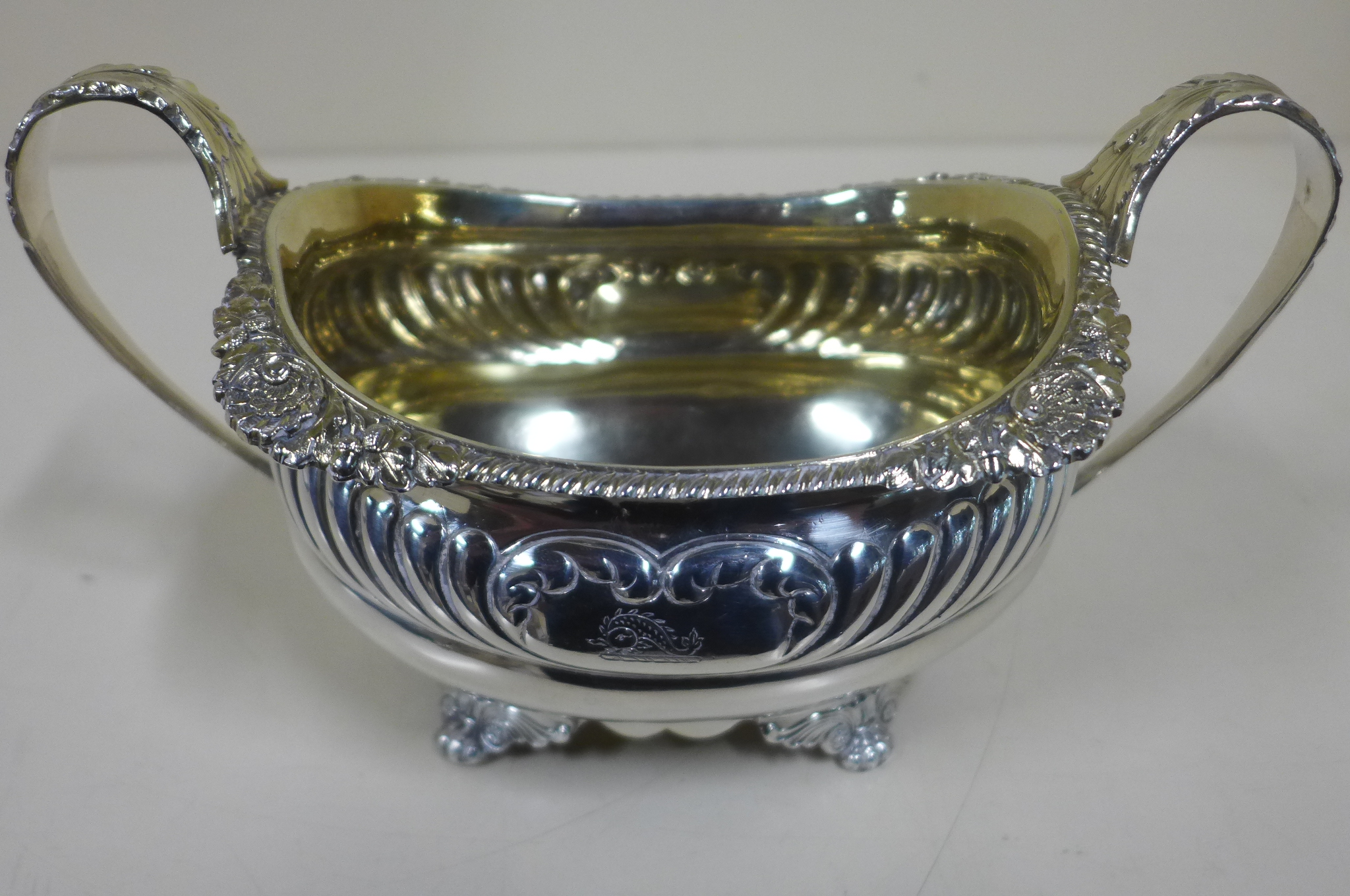 A Georgian silver twin handled bowl, London maker, RP - approx 11.4 troy oz, with engraving,