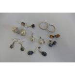 Eight pairs of silver earrings, most stone set