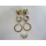 Three pairs of 9ct gold earrings, and a single 9ct earring, total approx 13.5 grams