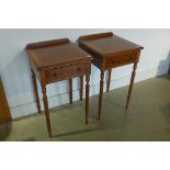 A pair of inlaid side tables with exotic veneer, standing on turned and reeded legs, with a single