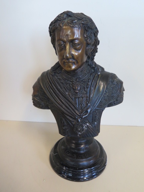 A bronze bust of George II on a marble base, 35cm tall