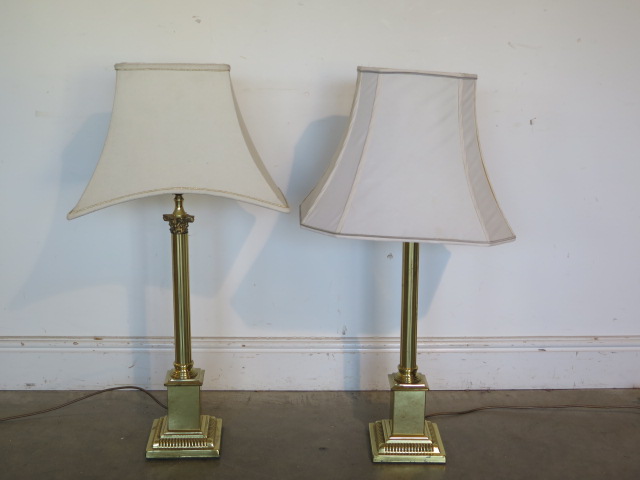 Two brass column table lamps approx 88cm tall with shades, will need re-wiring