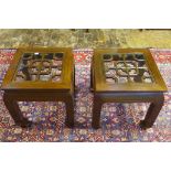 A pair of Chinese side tables with carved and glazed tops, 55cm H x 50cm x 50cm