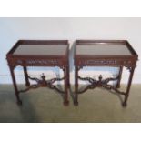 A pair of 19th century style mahogany tray top side tables, 68cm tall x 63cm x 43cm