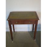 A Victorian mahogany two drawer side table with a leather inset top, 78cm tall x 75cm x 46cm -