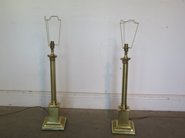 Two brass column table lamps approx 88cm tall with shades, will need re-wiring - Image 2 of 2