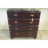 A Victorian rosewood two part military or campaign chest, two short drawers over three long drawers,