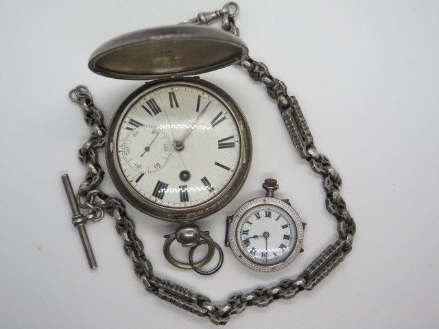 A sterling silver fancy watch chain with silver hunter and fob watch, both not working - Image 2 of 7