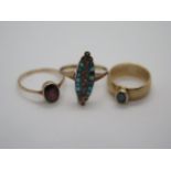 Three antique 9ct gold rings, one with a garnet stamped 9ct, tested as 9ct gold, one with a small