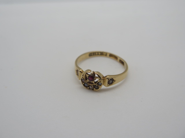 A Victorian 18ct gold garnet and seed pearl ring in a star and crescent setting, stamped 18ct and - Image 2 of 3