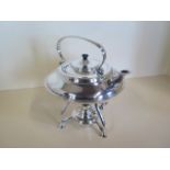 A Benson plated spirit kettle and stand with burner, 25cm tall, in generally good condition