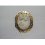 A fine quality antique cameo brooch in gold framed mount, the cameo deeply carved from shell with