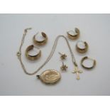 A quantity of 9ct gold to include a locket, cross on chain and earrings, total weight approx 14.2