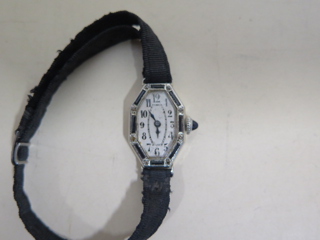 An 18ct white gold sapphire and diamond Art Deco cocktail watch and a silver trench watch, approx - Image 5 of 6