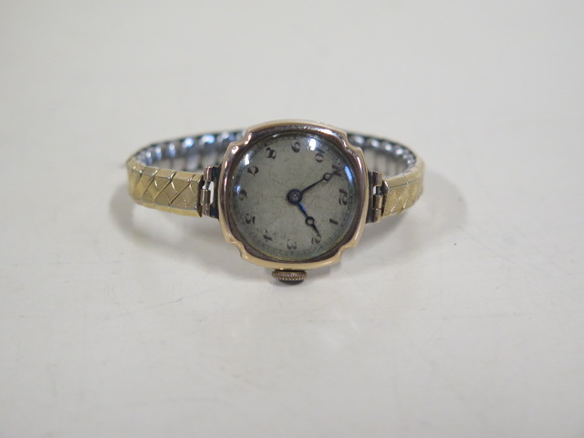 A 9ct manual wind wristwatch on a plated strap, total weight approx 20 grams, running in saleroom - Image 3 of 5