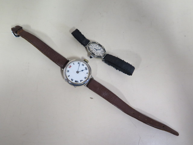 An 18ct white gold sapphire and diamond Art Deco cocktail watch and a silver trench watch, approx - Image 2 of 6