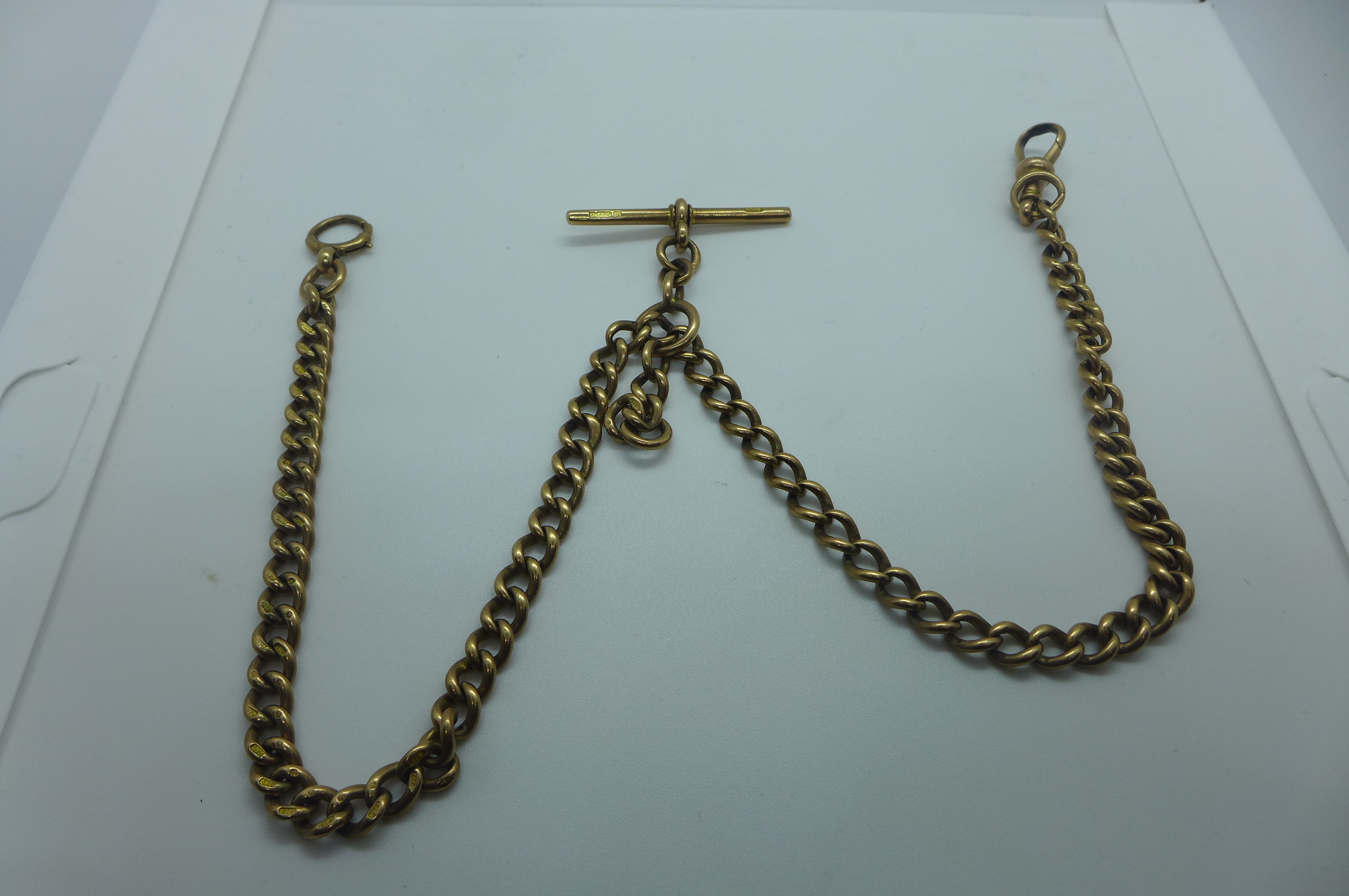 A 9ct gold watch chain with running link to T-Bar, fully hallmarked, weight approx 40.3 grams,