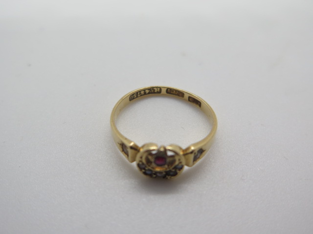 A Victorian 18ct gold garnet and seed pearl ring in a star and crescent setting, stamped 18ct and - Image 3 of 3