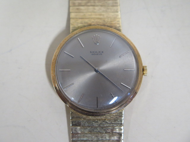A 9ct yellow gold Rolex Geneve manual wind gents bracelet wristwatch, with a grey dial, 31mm wide - Image 4 of 5