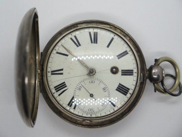 A sterling silver fancy watch chain with silver hunter and fob watch, both not working - Image 4 of 7