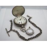 A sterling silver fancy watch chain with silver hunter and fob watch, both not working