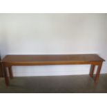 A long oak table on square legs ideal hall table, 76cm tall x 46cm x 275cm