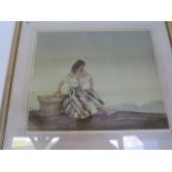 A signed Russel Flint print of a young lady with a basket - 77cm W x 71cm H