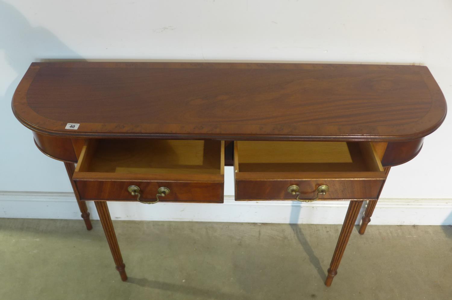 A mahogany two drawer D-end side table cross banded in yew wood, standing on tapered turned and - Image 3 of 4