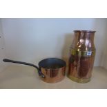 A copper pan and a copper churn, 41cm tall