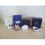 Four Royal Crown Derby paper weights, Twin Lambs, Imari Doormouse, baby Rabbit and Derby Wren, all