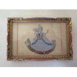 A Petit Point design lady in a crinolene dress, in a gilt frame, 10x15cm - in good condition