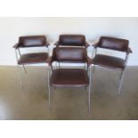 Four Benchairs, chrome and faux leather retro elbow chairs - please note the seats will need re-