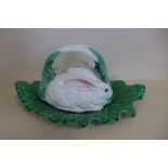A Portuguese cabbage leaf and rabbit tureen and dish, 44x32cm - minor chips but generally good, glue