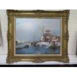 Oil on board - Dutch Winter Scene by Charles Leickert - in a gilt swept frame, 63cm x 76cm -