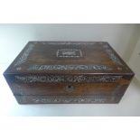 A Victorian mother of pearl inlaid rosewood writing box with foldout slope, 16cm tall x 40cm x