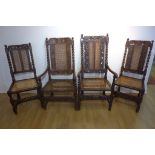 Four 18th/19th century walnut chairs of slightly different design, with cane seats and back, two
