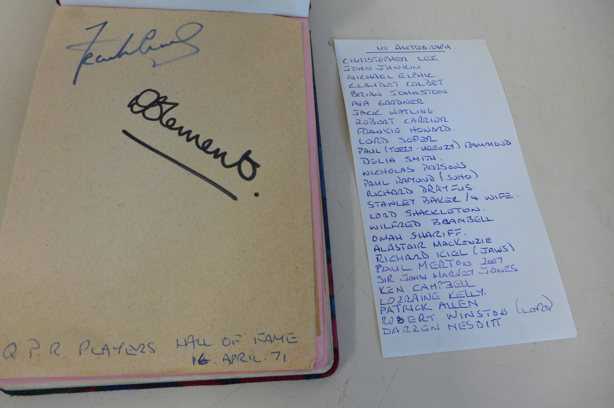 An interesting autograph book with autographs, including Topol, Christopher Lee, Ava Gardner,