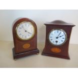 Two Edwardian inlaid mahogany mantle clocks, both running, tallest 21cm
